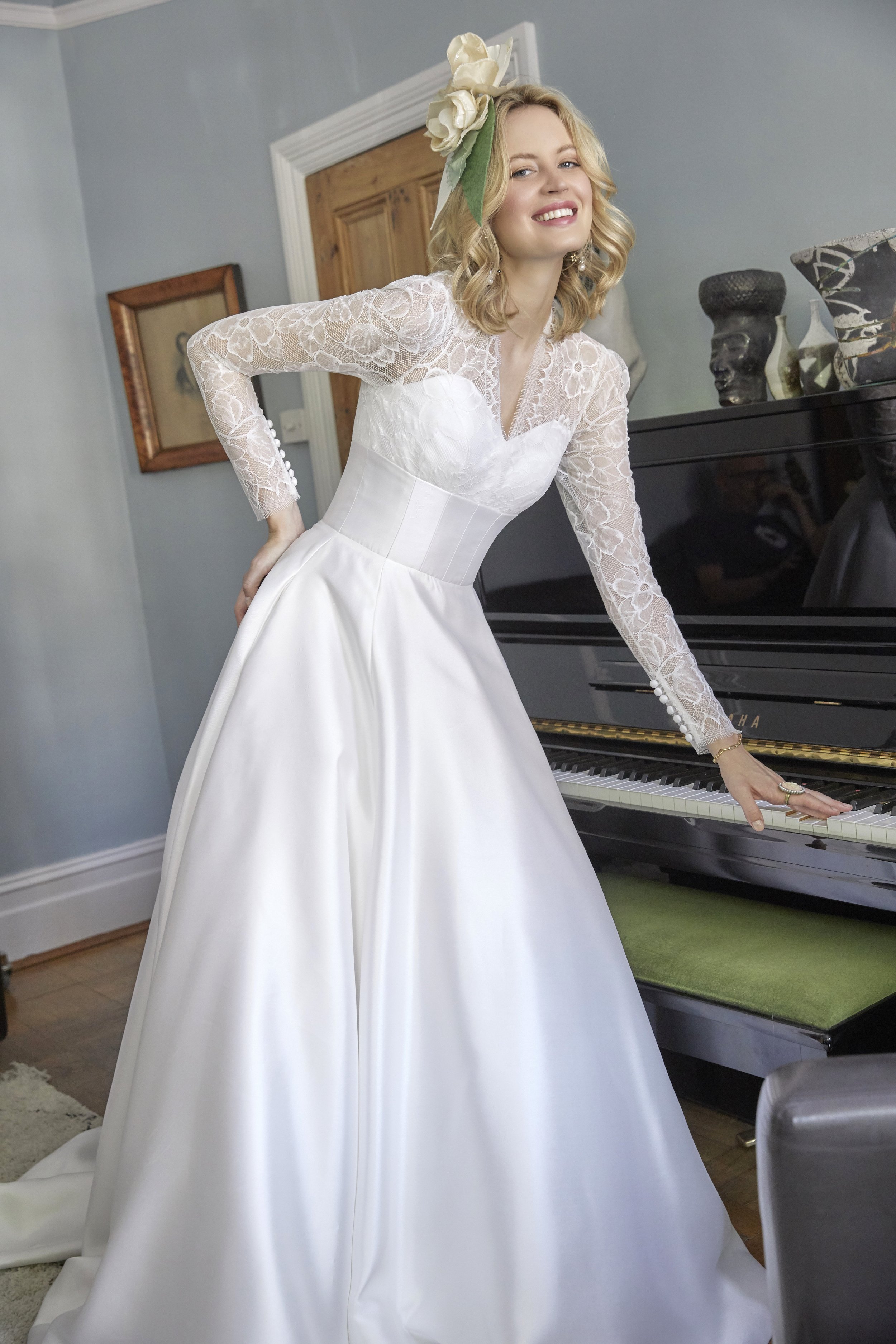 MALENA / Fit and Flare Wedding Dress With Deep Plunge Strapless Neckline,  Beach Wedding Dress, Luxury Wedding Dress, Lace Wedding Dress 